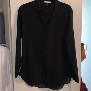 DKNYC black button up blouse with sheer bottom